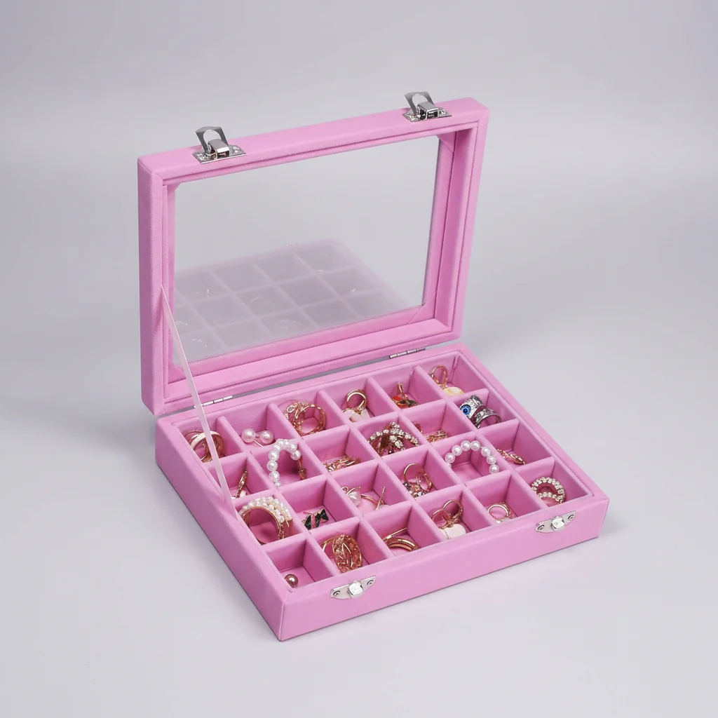 Jewelry Organizer Mothers Day Velvet Storage Box Glass Lid Tray - Image 3