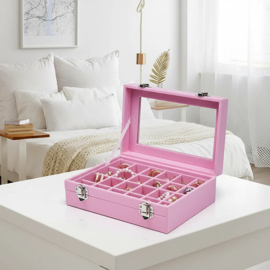 Jewelry Organizer Mothers Day Velvet Storage Box Glass Lid Tray