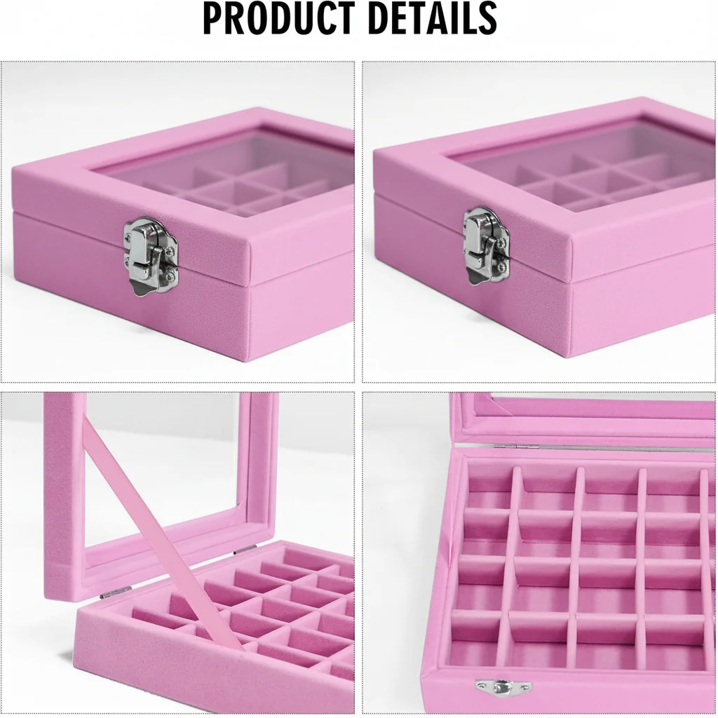 Jewelry Organizer Mothers Day Velvet Storage Box Glass Lid Tray - Image 4