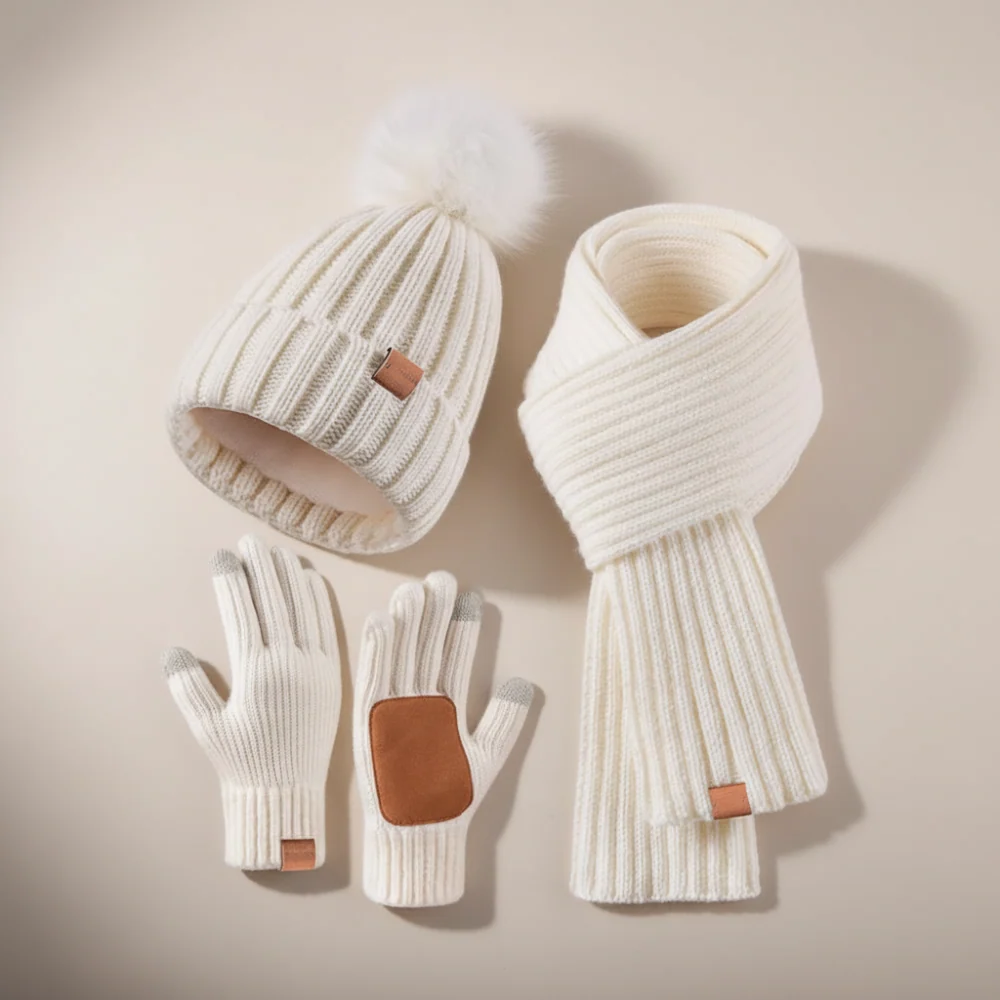 Winter Accessories Knit Hat Scarf Touchscreen Gloves Set - Image 2